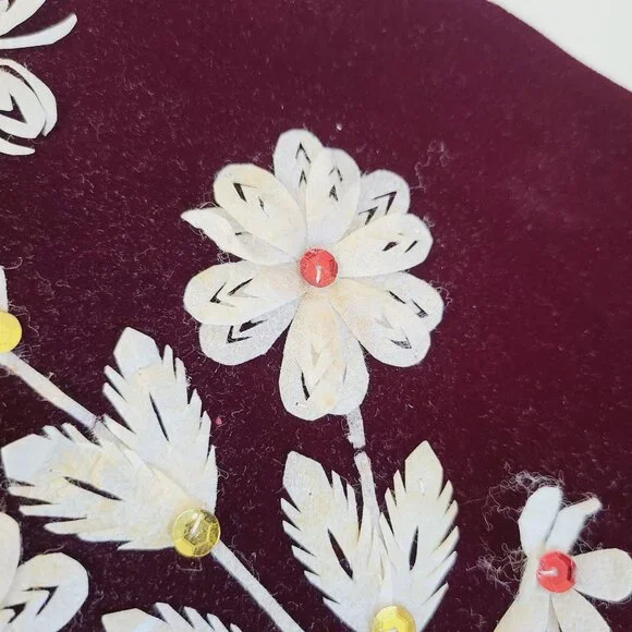 Handcrafted Floral Applique On Deep Burgundy Velvet 1970's White Petals Sequence - Picture 7 of 11